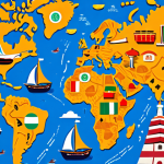 ** A vibrant, colorful world map with stylized ships sailing across it, each ship representing an Italian company. The ships are carrying Italian products (e.g., pasta, fashion items, sports cars) to various countries, depicted with landmarks like the Eiffel Tower, the Great Wall of China, and the Statue of Liberty. The image emphasizes discovery and opportunity, with a sense of adventure.

**