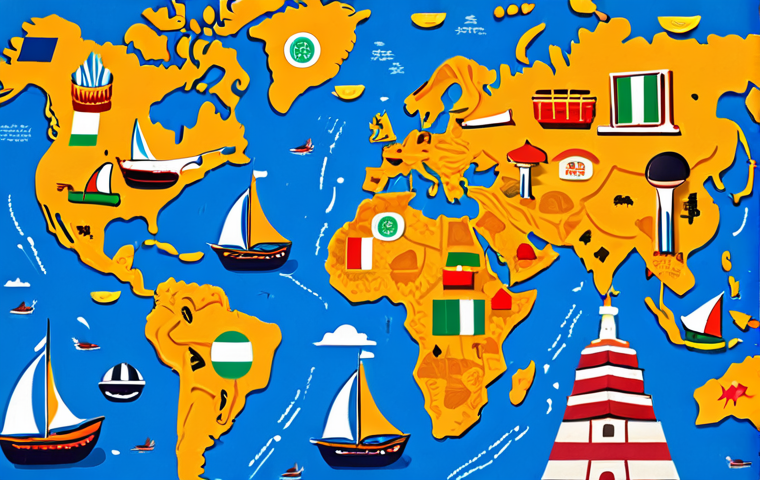 ** A vibrant, colorful world map with stylized ships sailing across it, each ship representing an Italian company. The ships are carrying Italian products (e.g., pasta, fashion items, sports cars) to various countries, depicted with landmarks like the Eiffel Tower, the Great Wall of China, and the Statue of Liberty. The image emphasizes discovery and opportunity, with a sense of adventure.

**
