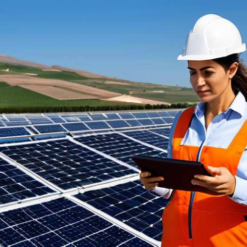Home 18 A confident Italian female engineer, fully clothed in a professional, modest jumpsuit, stands amidst a cutting-edge solar park in Sicily. Large, efficient solar panels stretch into the background under a clear sky. In the foreground, she gestures towards a tablet displaying complex energy data, embodying innovation and expertise in clean technology. The scene emphasizes sustainable energy production. perfect anatomy, correct proportions, natural pose, well-formed hands, proper finger count, natural body proportions, safe for work, appropriate content, fully clothed, professional, high quality, detailed, realistic photography.