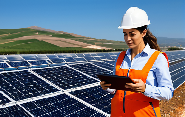 A confident Italian female engineer, fully clothed in a professional, modest jumpsuit, stands amidst a cutting-edge solar park in Sicily. Large, efficient solar panels stretch into the background under a clear sky. In the foreground, she gestures towards a tablet displaying complex energy data, embodying innovation and expertise in clean technology. The scene emphasizes sustainable energy production. perfect anatomy, correct proportions, natural pose, well-formed hands, proper finger count, natural body proportions, safe for work, appropriate content, fully clothed, professional, high quality, detailed, realistic photography.