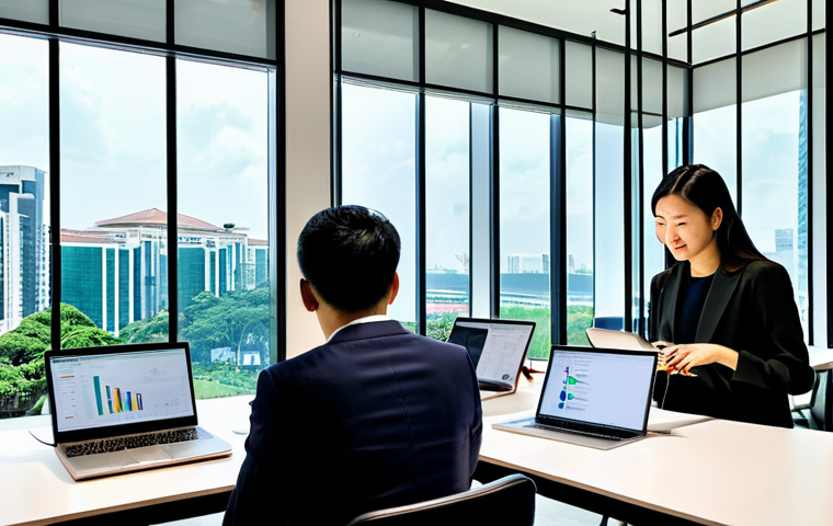 글로벌브릿지와 아시아 태평양 경제 - **
"Modern co-working space in Singapore, Italian and Singaporean business people collaborating on ...